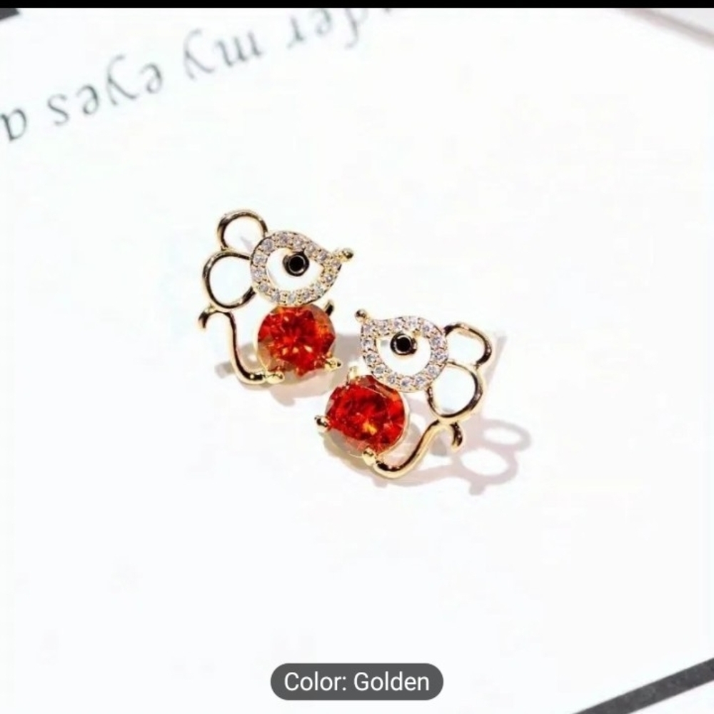Golden Mouse Stud Earrings with Red Crystal Christmas